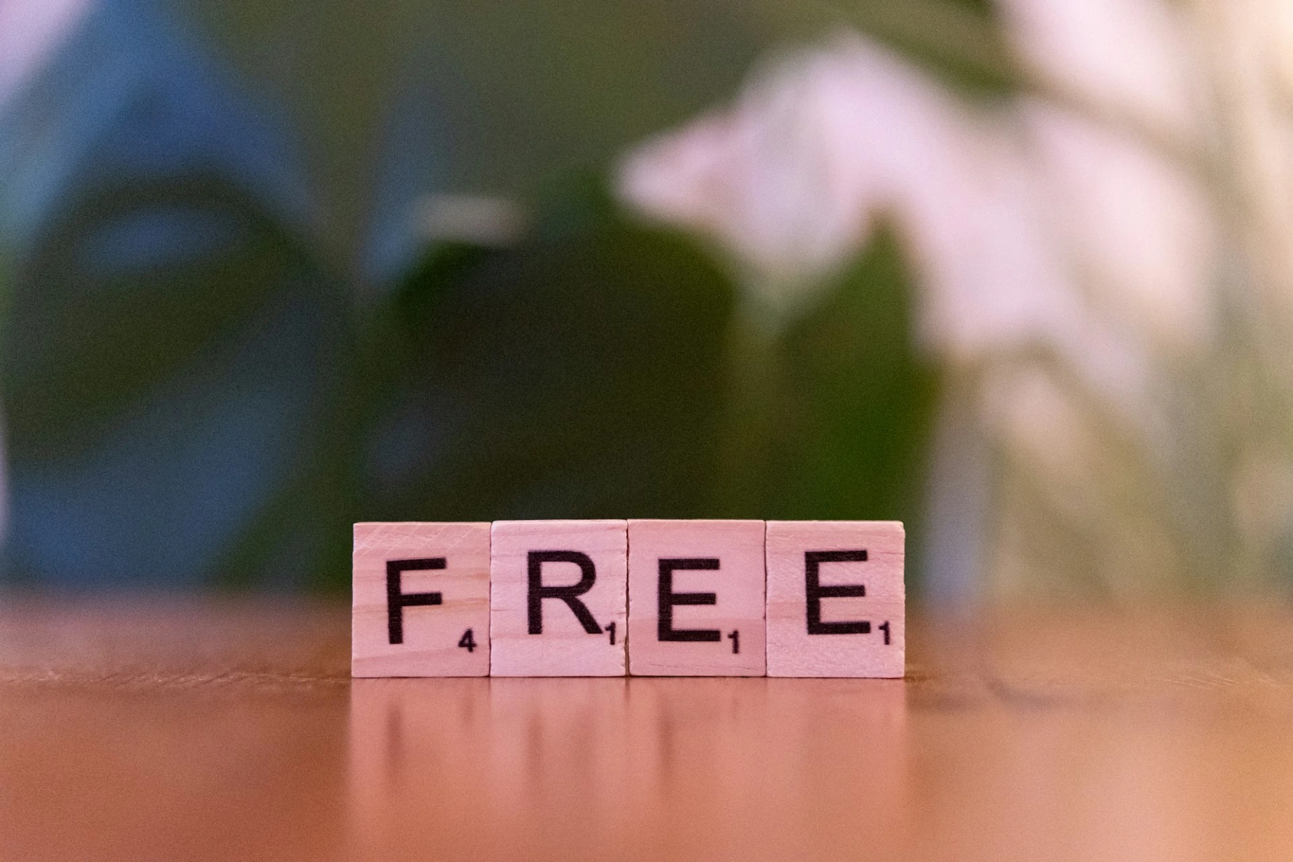 A wooden block that says free sitting on a table